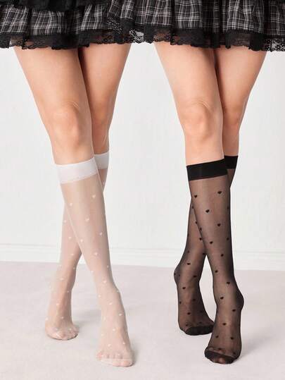 Kawaii 2 pares de calcetines de media pantorrilla con estampado de lunares lindos, calcetines de estilo minimalista y dulce hasta la rodilla, calcetines de mujer de uso diario versátiles y de moda