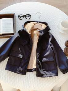 SHEIN 男童海军蓝拉绒休闲厚垫连帽夹克，适合返校、秋冬季穿着 - 藏蓝色 - 查看 5