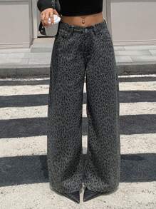 Livesso Quần jeans ống rộng cạp cao họa tiết da báo cho nữ - Màu xanh lam - Xem 4