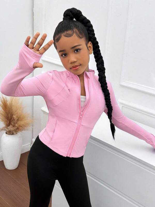 SHEIN Chaqueta ligera con cremallera para niñas preadolescentes, abrigo deportivo transpirable para correr, gimnasio, yoga, todo el año