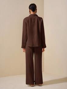 Zivah New Summer Casual Elegant Vacation Daily Dating Commuting Work Wear Simple Basic Style Lapel Long-Sleeved Drop Shoulder Loose Shirt + Wide-Leg Ultra-Long Pants White Women's Two Pieces Suit Blouse And Pants Set 2 Piece Linen Sets Woman Brown Outfit Women - Brown - View 2