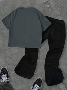 SHEIN 2pcs Kids/Tween Boys Black Summer Streetwear School Back-To-School Brooklyn Outfit Set Letter Print Graphic Short Sleeve T-Shirt And Flared Pants - Multicolor - View 2
