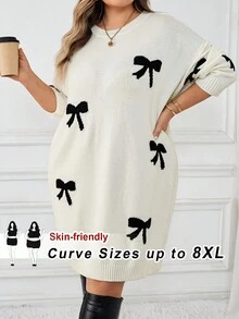 SHEIN CURVE+ 女士蝴蝶结图案圆领落肩长袖休闲毛衣裙，秋冬蝴蝶结连衣裙套头连衣裙蝴蝶结连衣裙/秋冬 - 黑與白 - 查看 3