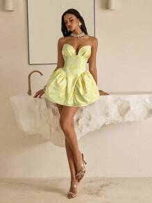 Vowa Váy suông satin jacquard kiểu cung điện thanh lịch, sang trọng, quý phái, không dây, có nhún eo, thích hợp cho tiệc đơn, đám cưới, tốt nghiệp, kỳ nghỉ, quà tặng cô dâu - Màu vàng - Xem 5