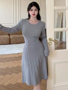 Modelyn 女士休闲通勤纯色扭腰针织连衣裙 - 淺灰色 - 查看 8