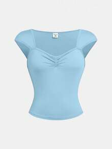 Áo thun nữ sinh màu xanh nhạt, nhún ngực, dễ thương, dễ thương, mặc hàng ngày khi đi dã ngoại ngoài trời mùa xuân, thích hợp cho nhiều dịp khác nhau - Màu xanh nhạt - Xem 6