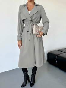 Firerie Elegant Design Waist Cinched A-Line Long Sleeve Trench Coat, Autumn/Winter - Light Grey - View 3