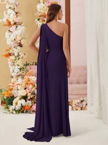 SHEIN Belle 不对称肩部和垂坠细节雪纺伴娘礼服（成人款） - 深紫色 - 查看 2