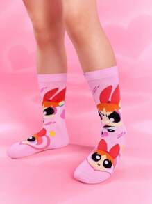 THE POWERPUFF GIRLS X SHEIN 3 Pairs Blossom, Bubbles, Buttercup Pattern Cotton Soft & Breathable Moisture-Wicking Kids Mid-Calf Socks Colorful Cute Crew Socks Reinforced Toe & Heel For Durability Unisex For Boys & Girls All Seasons All-Match School & Outdoor,Y2K - Multicolor - View 8