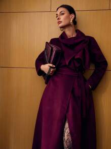 MOTF PREMIUM BELTED RUFFLE TRIM OVERCOAT - Burgundy - View 8