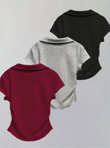 SHEIN 女士纯色翻领短袖百褶休闲百搭T恤 - 酒紅色 - 查看 2