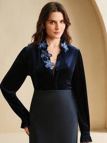 Anewsta Women's Navy Blue Velvet Long Sleeve Ruffle Collar Embellished Button Down Shirt,Navy Blue Floral,Autumn,Elegant,Tea Party,Christmas,Chic,Stylish - Navy Blue - View 3