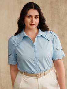 Anewsta Áo kiểu nữ tay ngắn thêu hoa cổ bẻ thời trang thanh lịch mùa hè đa năng đi làm - Màu xanh lam - Xem 6