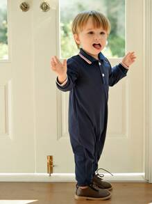 Souflis Souflis 1 Stück Minimalistischer Polokragen Rippstrick Langarm Jumpsuit für Säuglinge, Marineblau, Herbst/Winter Marineblauer Baby Jungen Jumpsuit Baby Jungen Jumpsuit Baby Jungen Kleidung Jungen Kleidung für Babys - Königsblau - Übersicht 4