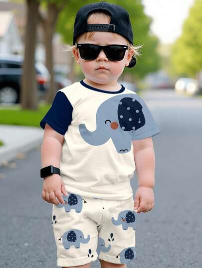SHEIN Baby Boy Casual Crew Neck Short Sleeve Elephant Print Top & Shorts 2-Piece Set, Clothes Suitable For Summer Baby Boy Clothes Elephants Toddler Boy Clothes Summer Sets Baby Boys Clothing Summer Baby Boy Elephant Outfit Baby Boy Summer Outfit