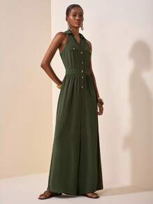 Zivah 2025夏季新品，适合生日派对，返校风，校园风，日常穿着，休闲装，度假装，邮轮旅行，海滩装，日光浴装，街头装，优雅装，通勤装，商务休闲装，衬衫领，半开腿，纽扣可打开，有口袋，腰部收紧阔腿裤，橄榄绿，夏季阔腿裤，女式连体裤 - 橄欖綠 - 查看 3