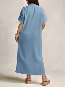 Zelara Mother'S Day Gift Navycore Outfits Apricot Crinkled Buttons Maxi Beach Navycore Dress With Slits Nautical Casual For Women Coastal Nautical Vacation Outfits Dress,Fall Dresses For Women - Baby Blue - View 2