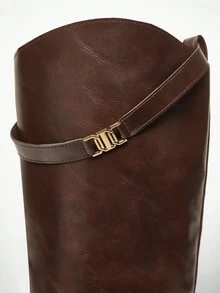 Solezae 女士日常休闲舒适圆头粗跟及膝靴，金属装饰