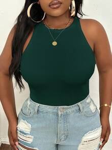 SHEIN PETITE CURVE Plus Size Casual Basic Fitted White Round Neck Off-Shoulder Tank Top - Dark Green - View 7