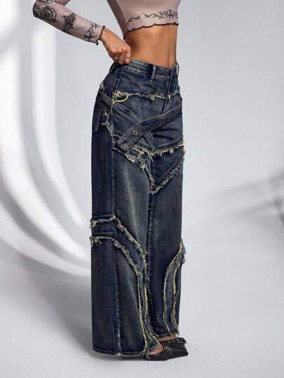 Jeanoix Jeans casuales anchos con diseño de hebilla y dobladillo deshilachado para mujer