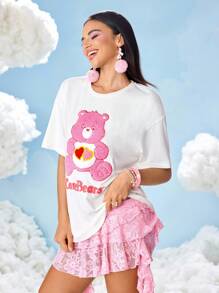 SHEIN X Care Bears Women's Letter & Cartoon Bear Embroidered Round Neck Short Sleeve T-Shirt - White - View 5