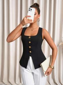 Lavishia Women's Square Neck Metal Flower Button Up Vest, Fashion Blouse Elegant Summer Outfits For Women Vacation Outfits Business Casual Woman Cute Summer