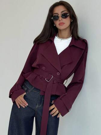 Aloruh 女士休闲通勤纯色双排扣风衣秋季女装秋季所有女装秋季女装秋季女装秋冬女装冬季女装冬季外套女返校节学校老师栗色短款风衣外套超短款气质显瘦深秋女神显瘦酒红色西装外套