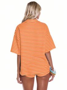 MUSERA 丝绒条纹宽松短袖衬衫，春夏度假海滩可爱假日伊比沙岛海滩机场穿搭秋季 - 橘色 - 查看 3