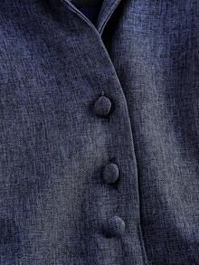 SHEIN MOD Váy midi thắt eo phía trước có cổ cài nút màu xanh navy - Màu xanh hải quân - Xem 3