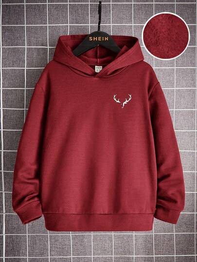 SHEIN Tween Boy Deer Horn Print Thermal Lined Sweatshirt, Casual For Autumn/Winter, Red Sweatshirts For Tween Boys Teen Sweatshirt, Winter Clothes For Boys, Tween Boys Sweatshirts,Winter Set,Winter Clothing,Fall Outfits,Fall Clothing,All Clothes For Kids,Fall Tops ,