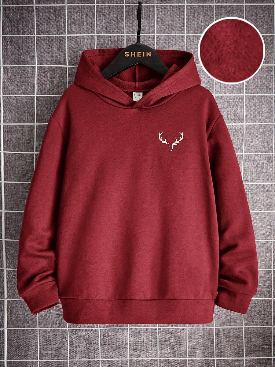 SHEIN 男童鹿角印花保暖内衬卫衣,秋冬休闲款,红色卫衣,冬季,卫衣,冬季,秋季上衣 - 酒紅色 - 查看 1