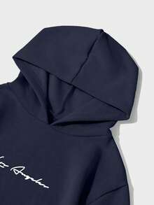 EURMUSE Men's Slogan Print Loose Fit Casual Hoodie Sweatshirt - Navy Blue - View 5