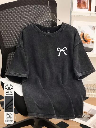 Attitoon Women's Black Knit Acid-Washed Oversized T-Shirt, Suitable For Summer, Vintage, Butterfly Print Streetwear Top Dhgate 100% Cotton Lovito Official Store Bow Shirts Black Graphic Tee Graphic