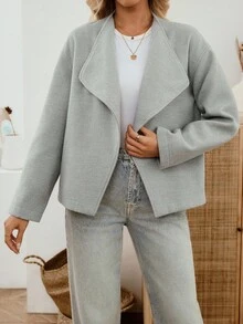 SHEIN LUNE Women's Solid Color Oblique Placket Long Sleeve Loose Woolen Coat,Light Grey Autumn Casual Everyday Business Jacket,Modern Winter Clothes For Woman - Grey - View 4