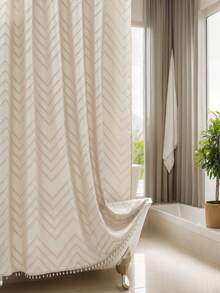 SHEIN 1 件波西米亚纯色编织面料浴帘，包含 12 个挂钩，可机洗针织窗帘，流苏 72 英寸 X 72 英寸现代农舍极简主义，毛绒复古纹理，浴室防水浴帘，酒店装饰家居浴室装饰夏季浴室配件 - 彩色 - 查看 2