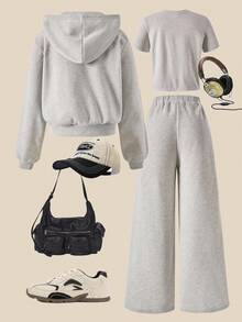 Sparklyn 3 件套青少年女孩印花拉链连帽衫夹克和极简主义图案 T 恤和阔腿裤套装，娇小女士休闲运动衫套装，适合外出、度假、街头、返校、校园穿着 - 淺灰色 - 查看 3