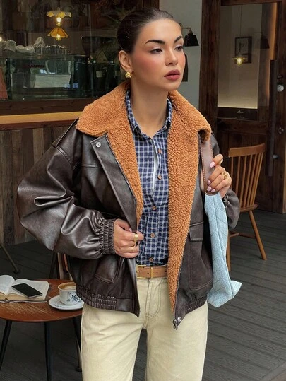 DAZY Women's Loose Fit Faux Shearling Patchwork PU Jacket Winter Y2k Leather Jacket Women Coats