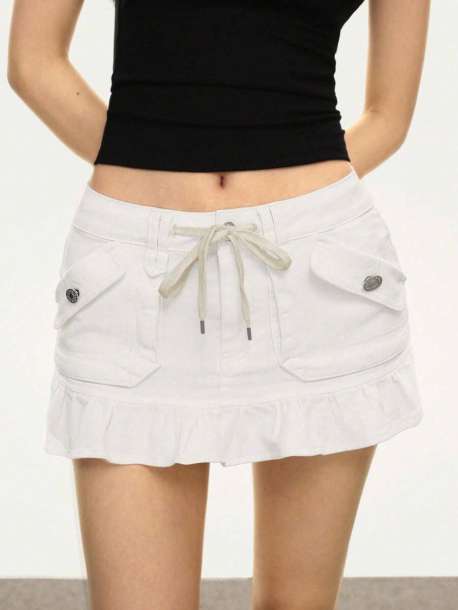 Rina Fox 女士系腰荷叶边下摆短款牛仔迷你裙