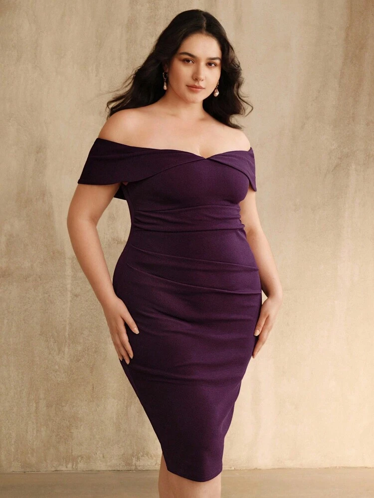 Plus Size Women's Romantic Elegant Fashion Off Shoulder Ruched Bodycon Mid-Length Dress, Purple