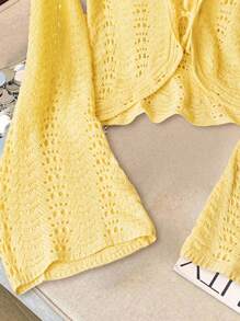 Franclia Women's Autumn Casual Simple Solid Color Bell Sleeve Front Knot Open Knit Crop Yellow Cardigan Fall Winter Cloth For Women - Yellow - View 6