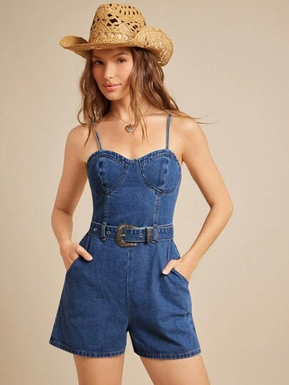 WESTFADE Corset Bustier Neckline Country Cowgirl Buckle Belted Waist Sleeveless Cotton Blend Denim Romper Back To School Cute Fall Clothes