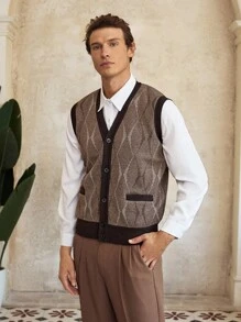 Manfinity CityGents Men's Old Money Casual Commuter Diamond Pattern V-Neck Knit Vest With Pockets Brown Vest Men Sweater Vest Old Money Aesthetic, Fall/Winter