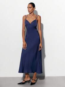 Maija 女式海军蓝缎面长裙，百搭四季现代都市时尚商务优雅纯色无袖连衣裙 - 藏蓝色 - 查看 2