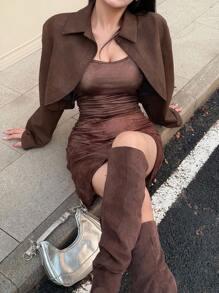 Feyla Áo khoác thời trang hở vai dài tay màu trơn cho nữ mùa thu/đông - màu nâu - Xem 2
