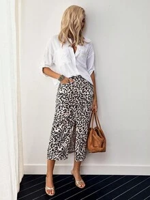 EMERY ROSE Women Leopard Print Slit Skirt, Casual Vacation - Multicolor - View 5