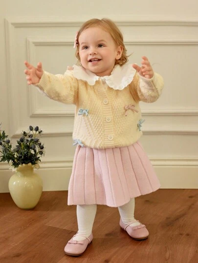 Souflis Baby Girls' Bow Knit Sweater Co-Ord Set, French Vintage Style, Comfortable & Versatile For Everyday, Outings, Travel, Exclusive, Home, Daycare, School Wear, Autumn/Winter Baby Girl Knit Cardigan Baby Knitwear Baby Cardigan Girl Baby Girl Sweater Baby Girl Bow Cardigan