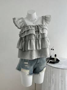 Franclia 女士纯色短袖荷叶边下摆休闲上衣，适合度假穿着 - 淺灰色 - 查看 7