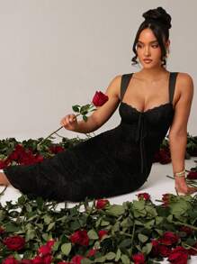 Silquee Váy dài ren co giãn màu đen gợi cảm thanh lịch ngọt ngào lãng mạn dây rộng cho nữ, thích hợp cho tiệc cocktail, hẹn hò lãng mạn, váy nhiều lớp, tiệc tùng, tụ họp trang trọng, đi chơi đêm, váy dự tiệc cưới, váy phù dâu, váy Halloween, váy Giáng sinh, váy Valentine, váy đi nghỉ, mùa xuân và đầu hè - màu đen - Xem 7