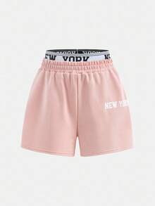 SHEIN Girlism 青少年女孩休闲街头风格标语印花运动衫和短裤，合身纯色吊带背心三件套 - 藕粉色 - 查看 5