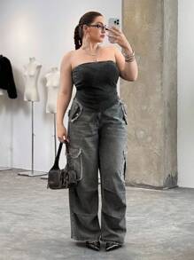 SHEIN EZwear Black Strapless Plus Size Women Top - Black - View 4